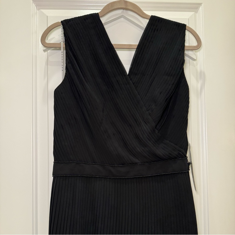 NWT Kay Unger Beaded Pleated V Neck Cocktail Party Event Midi Dress Black 10 - Picture 2 of 6